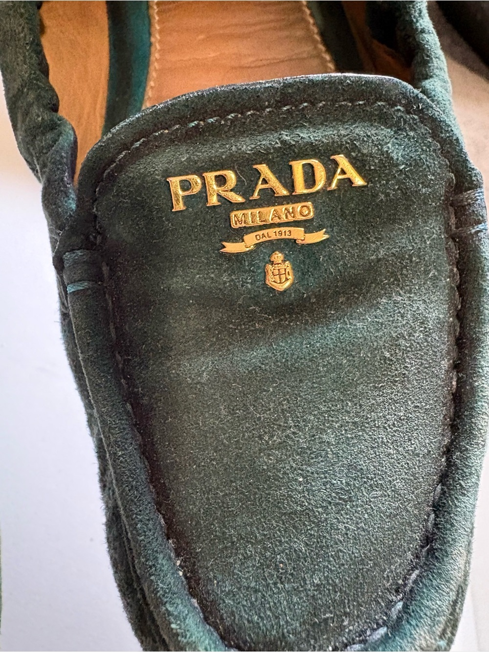 Prada Suede Loafers with Gold Logo - Picture 3 of 7